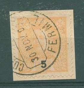 22Lis_1742.jpg -     Lote:    1742            Portugal       Descrição:         Carimbos de duplo círculo datados. Selo de 5 reis laranja da emissão de D. Carlos I tipo Mouchon, obliterado com carimbo batido a preto de FERMIL * Braga. Raridade 6 no catálogo de Gordon. MR.        O       Valor Base:     &euro; 10,00     Valor Venda:     Retirado     
