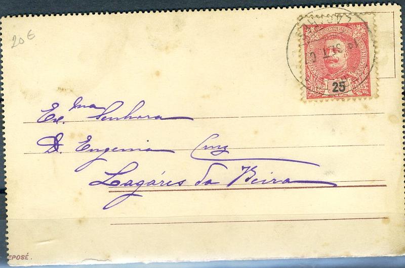22Lis_1743.jpg -     Lote:    1743            Portugal       Descrição:         Carimbos circulares datados. Postal ilustrado, com impressão em relevo, circulado em Lagares da Beira (19.09.07), com selo de 25 reis carmim, D. Carlos I Mouchon, obliterado com carimbo batido a preto de LAGARES.        PI       Valor Base:     &euro; 12,00     Valor Venda:     Retirado     
