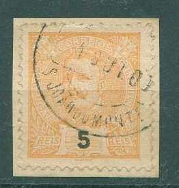 22Lis_1744.jpg -     Lote:    1744            Portugal       Descrição:         Carimbos de duplo círculo datados. Selo de 5 reis laranja da emissão de D. Carlos I tipo Mouchon, obliterado com carimbo batido a preto de S. JOÃO DO MONTE (Viseu). Raridade 8 no catálogo de Gordon. MR.        O       Valor Base:     &euro; 10,00     Valor Venda:     &euro; 38,00     