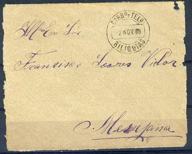 22Lis_1745.jpg -     Lote:    1745            Portugal       Descrição:         Carimbos circulares datados. Frente de carta circulada de Relíquias (02.11.09) para Messejana, com carimbo batido a preto RILIQUIAS. Raro.        FRG       Valor Base:     &euro; 10,00     Valor Venda:     &euro; 28,00     