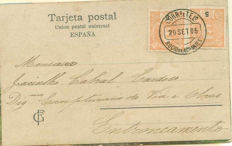 22Lis_1746.jpg -     Lote:    1746            Portugal       Descrição:         Carimbos circulares datados. Lote de dois postais ilustrados, circulado com pares de selos de 5 reis laranja D. Carlos I Mouchon CE127, um para Cascais (20.10.07) e outro para o Entroncamento (20.09.05), obliterados com carimbos de RIBEIRA DE SANTARÉM e ROCIO DE ABRANTES.        PI       Valor Base:     &euro; 6,00     Valor Venda:     &euro; 14,00     