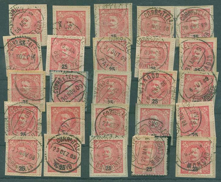 22Lis_1749.jpg -     Lote:    1749            Portugal       Descrição:         Carimbos de duplo círculo datados. Lote de 25 fragmentos com selos de 25 reis carmim, emissão de D. Carlos I Mouchon, obliterados com carimbos de A. BEIRA, ALFANDEGA DA FÉ, LAGOS, ALMODOVAR, ANADIA, BELMONTE, PAIÃ, AROUCA, ANADIA, CARRAZEDA DE ANSIÃES, CASTRO DAIRE, POMBAL, GOUVEIA, CANTANHEDE, GUARDA, ILHAVO, LOURINHÃ, MANTEIGAS, PENACOVA, MIRANDELLA, MONCORVO, O. DO BAIRRO, M. DE CAMBRA e MONÇÃO.        Lote       Valor Base:     &euro; 5,00     Valor Venda:     &euro; 28,00     