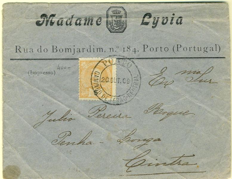 22Lis_1751.jpg -     Lote:    1751            Portugal       Descrição:         Carimbos circulares datados. Sobrescrito circulado do Porto (20.10.09) para Sintra (21.10.09) com selo de 5 reis laranja (porte de impresso), emissão D. Carlos I Mouchon CE127, obliterado com carimbo batido a preto "PORTO / CAMINHO DE FERRO * CENTRAL". MB.        Carta       Valor Base:     &euro; 10,00     Valor Venda:     &euro; 44,00     