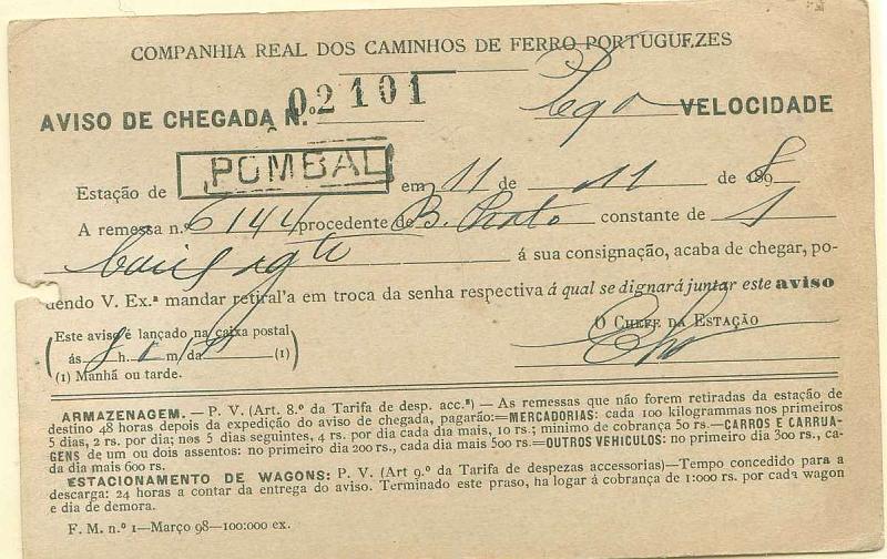 22Lis_1752.jpg -     Lote:    1752            Portugal       Descrição:         Carimbos nominativos ferroviários. Inteiro postal de 10 reis do Centenário da Índia OM29G, repicado pela Companhia Real dos Caminhos de Ferro Portuguezes, circulado em Pombal (12.11.98). Carimbo nominativo ferroviário de POMBAL (tipo pequeno), batido a preto. Furo de arquivo.        IC       Valor Base:     &euro; 15,00     Valor Venda:     &euro; 15,00     