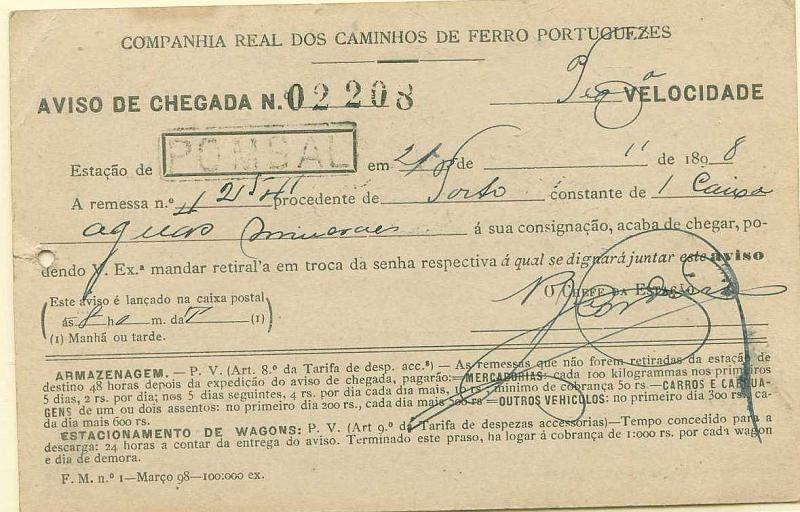22Lis_1753.jpg -     Lote:    1753            Portugal       Descrição:         Carimbos nominativos ferroviários. Inteiro postal de 10 reis do Centenário da Índia OM29G, repicado pela Companhia Real dos Caminhos de Ferro Portuguezes, circulado em Pombal (22.11.98). Carimbo nominativo ferroviário de POMBAL (tipo grande), batido a preto. Furo de arquivo.        IC       Valor Base:     &euro; 15,00     Valor Venda:     &euro; 26,00     