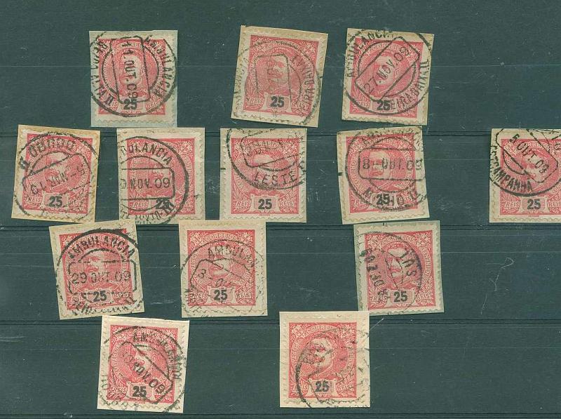 22Lis_1754.jpg -     Lote:    1754            Portugal       Descrição:         Carimbos ferroviários. 1898 &mdash; D. Carlos I Mouchon. Lote de 13 fragmentos com selos de 25 reis carmim CE141, obliterados com diversos carimbos de ambulâncias ferroviárias. Lote a ver.        Lote       Valor Base:     &euro; 6,00     Valor Venda:     Retirado     