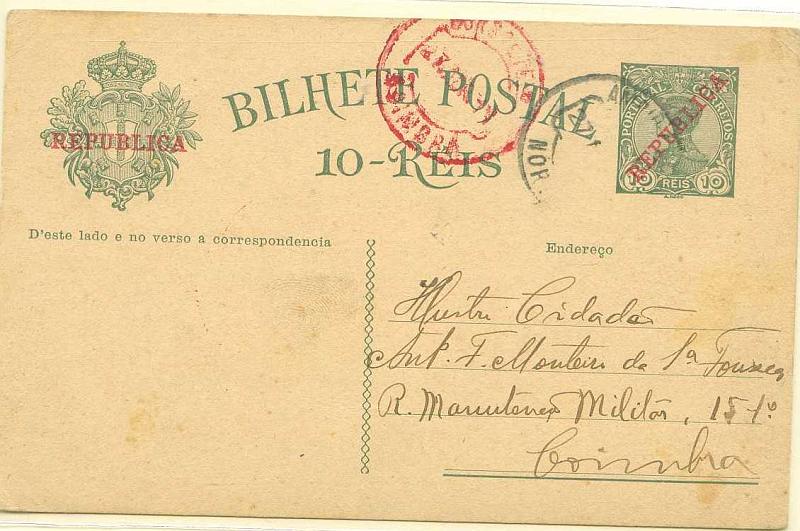22Lis_1760.jpg -     Lote:    1760            Portugal       Descrição:         Carimbos circulares datados. 1910 &mdash; D. Manuel II com sobrecarga República. OM52, 10 reis verde, circulado pela Ambulância Norte ?? (27.04.1911) para Coimbra (27.04.1911). Carimbo batido a vermelho de COIMBRA.        IC       Valor Base:     &euro; 5,00     Valor Venda:     Retirado     
