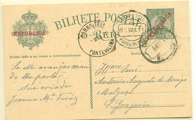 22Lis_1762.jpg -     Lote:    1762            Portugal       Descrição:         Carimbos circulares datados (CCD). 1910 &mdash; D. Manuel II com sobrecarga República. OM52, 10 reis sobre cartolina creme. Inteiro postal circulado de Mosteiro de Refoyos de Lima (31.03.11) para S. Gregório, com trânsito por Ponte de Lima. Carimbo CCD batido a preto de MOSTEIRO DE REFOYOS DE LIMA. MR.        IC       Valor Base:     &euro; 20,00     Valor Venda:     &euro; 20,00     