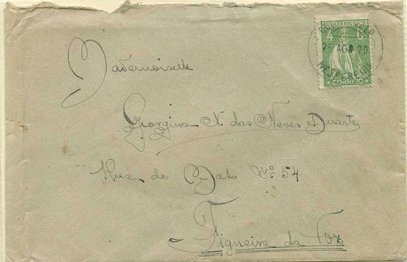 22Lis_1763.jpg -     Lote:    1763            Portugal       Descrição:         Carimbos circulares datados. 1917/20 &mdash; Ceres. Sobrescrito circulado de Nespereira (26.08.20) para Figueira da Foz com selo de 4c verde CE226, obliterado com carimbo batido a preto de NESPEREIRA + Inteiro postal de 10 reis D. Carlos I Diogo Neto OM9, circulado de Cabanas (03.10.89) para Lisboa (04.10.89). Carimbo batido a preto de CABANAS.        Carta       Valor Base:     &euro; 10,00     Valor Venda:     Retirado     