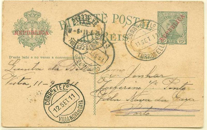 22Lis_1765.jpg -     Lote:    1765            Portugal       Descrição:         Carimbos circulares datados. 1910 &mdash; D. Manuel II com sobrecarga República. OM52, 10 reis verde sobre cartolina camurça, circulado de Torrosellos (11.09.11) para Vila Nova de Gaia (12.09.11). Carimbo batido a preto de TORROSELLOS (raridade 8 no catálogo de Gordon).        IC       Valor Base:     &euro; 20,00     Valor Venda:     &euro; 20,00     