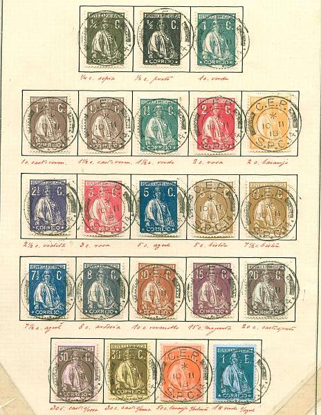 22Lis_1768.jpg -     Lote:    1768            Portugal       Descrição:         Carimbos militares. 1.ª Guerra Mundial. Lote composto por duas folhas de exposição com 22 selos Ceres + 7 selos de porteado + selos da Cruz Vermelha Portuguesa &mdash; Convenção de Genebra ( com e sem sobrecarga da Comissão de Prisioneiros de Guerra e selos Para os Pobres, todos obliterados com carimbo do "C. E. P. / 10. 11. 18 / S. P. C. 14", batido a preto.        Lote       Valor Base:     &euro; 200,00     Valor Venda:     &euro; 200,00     