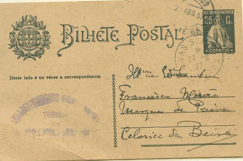 22Lis_1770.jpg -     Lote:    1770            Portugal       Descrição:         Carimbos de tipo francês. Inteiro postal tipo Ceres OM74b, circulado das termas de S. Pedro do Sul (27.06.27) para Celorico da Beira. Carimbo do tipo francês, batido a preto de "TERMAS S. PEDRO SUL".        IC       Valor Base:     &euro; 10,00     Valor Venda:     Retirado     
