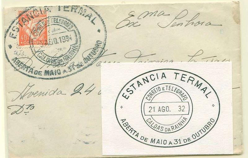 22Lis_1775.jpg -     Lote:    1775            Portugal       Descrição:         Carimbos publicitários. 1931 &mdash; Lusíadas. Sobrescrito circulado das Caldas da Rainha (05.08.1934) para Lisboa, com selo de 40c laranja vermelho, obliterados com carimbo publicitário oval, batido a preto da ESTANCIA TERMAL / ABERTA DE MAIO A 31 DE OUTUBRO. Acompanha desenho do carimbo.        Carta       Valor Base:     &euro; 5,00     Valor Venda:     &euro; 6,00     