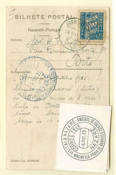 22Lis_1776.jpg -     Lote:    1776            Portugal       Descrição:         Carimbos publicitários. Postal ilustrado circulado com selo de $25 Tudo pela Nação CE570, da Nazaré (06.10.1935) para o Porto. Carimbo publicitário "VISITAI A NAZARÉ / MAGNÍFICA PRAIA DE BANHOS E CENTRO DE TURISMO". Acompanha desenho de Eduardo Silva.        PI       Valor Base:     &euro; 5,00     Valor Venda:     &euro; 5,00     