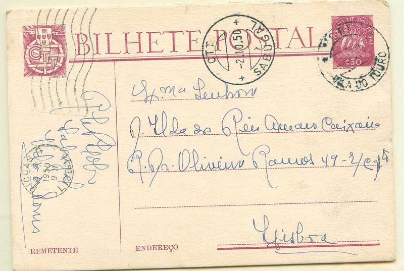 22Lis_1785.jpg -     Lote:    1785            Portugal       Descrição:         Carimbos de duplo círculo datados. Lote de 3 inteiros postais circulados, obliterados com carimbos batidos a preto de "VILA DO TOURO", "S. BARTOLOMEU DOS GALEGOS" e "S. BERNARDINO (PENICHE). Raros.        Lote       Valor Base:     &euro; 10,00     Valor Venda:     &euro; 10,00     