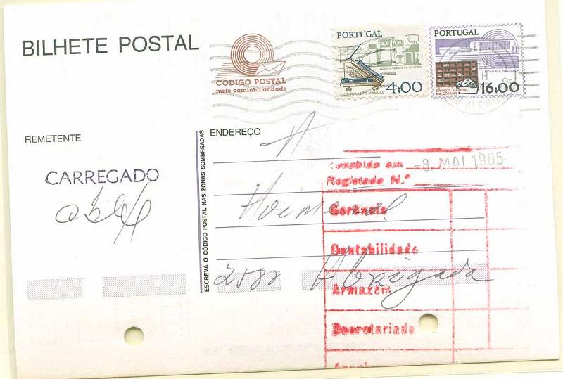 22Lis_1788.jpg -     Lote:    1788            Portugal       Descrição:         Carimbos ferroviários. Inteiro postal de 16$00 Instrumentos do Trabalho OM202, com selo adicional, repicado no verso pelos Caminhos de Ferro Portugueses, circulado do Carregado (06.05.1985) para Abrigada, com carimbo nominativo ferroviário batido a preto na frente e no verso "CARREGADO". Inteiro com furos de arquivo.        IC       Valor Base:     &euro; 10,00     Valor Venda:     &euro; 10,00     