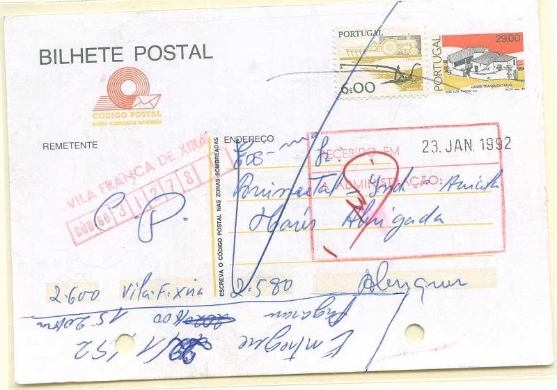 22Lis_1794.jpg -     Lote:    1794            Portugal       Descrição:         Carimbos ferroviários. Inteiro postal de 29$00 Arquitectura Popular Portuguesa, com selo adicional, repicado no verso pelos Caminhos de Ferro Portugueses, circulado de Vila Franca de Xira (21.01.1992) para Alenquer, com carimbo nominativo ferroviário batido a vermelho na frente e no verso "VILA FRANCA DE XIRA / CODIGO 31278". Inteiro com furos de arquivo.        IC       Valor Base:     &euro; 10,00     Valor Venda:     &euro; 10,00     