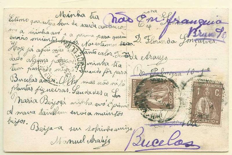 22Lis_1800.jpg -     Lote:    1800            Portugal       Descrição:         Marcas administrativas manuscritas. Postal ilustrado circulado para Lisboa com dois selos tipo Ceres de 1C castanho e reendereçado para Bucelas (23.09.18). Inscrição manuscrita a violeta "NÃO C. N. FRANQUIA / BRUNO".        PI       Valor Base:     &euro; 4,00     Valor Venda:     Retirado     