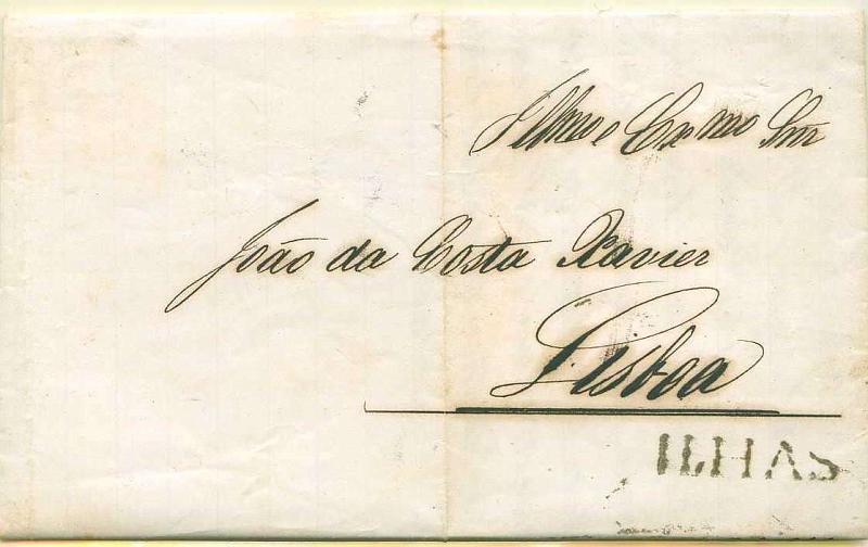 22Lis_1806.jpg -     Lote:    1806            Portugal       Descrição:         Carimbos nominativos. Carta circulada do Faial (31.10.1859) para Lisboa (13.11.1859) sem menção do porte, com o carimbo ILHAS batido a sépia. Marca pré-filatélica GM LSB-IL1.        Carta       Valor Base:     &euro; 10,00     Valor Venda:     &euro; 85,00     