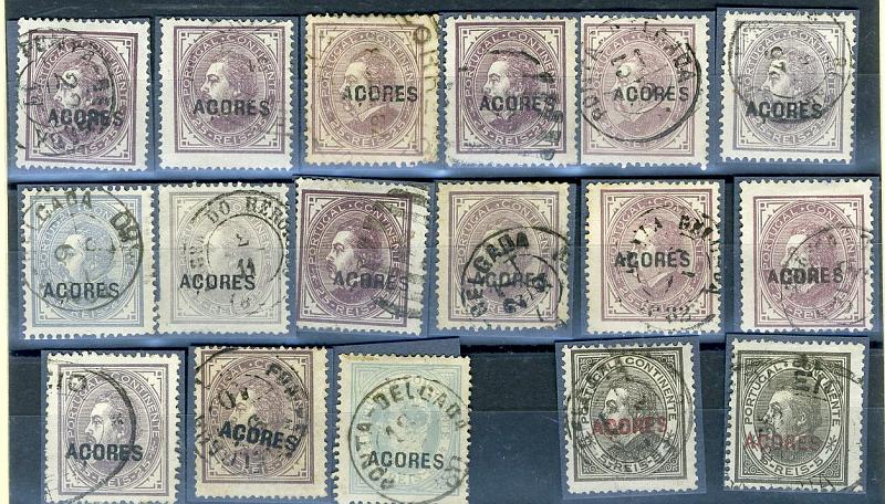 22Lis_1807.jpg -     Lote:    1807            Açores       Descrição:         Carimbos de duplo círculo datado e dupla oval. Açores. Lote composto por 17 selos de 25 reis D. Luís I de perfil, com sobrecarga AÇORES (tipo grande), obliterados com carimbos de PONTA DELGADA, ANGRA DO HEROÍSMO, etc. Lote a ver.        Lote       Valor Base:     &euro; 4,00     Valor Venda:     &euro; 4,00     