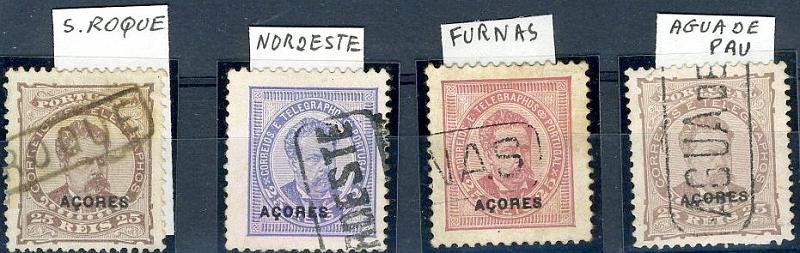22Lis_1809.jpg -     Lote:    1809            Açores       Descrição:         Carimbos nominativos. Açores. Lote de 4 selos de 25 reis, D. Luís I de frente, com sobrecarga AÇORES tipo pequena, obliterados com carimbos nominativos de S. ROQUE, NORDESTE, FURNAS e AGUA DE PAU. MB.        Lote       Valor Base:     &euro; 12,00     Valor Venda:     Retirado     