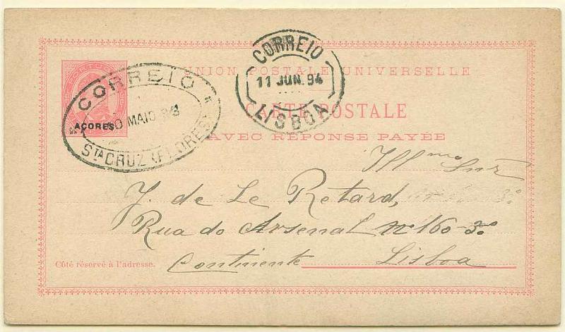 22Lis_1810.jpg -     Lote:    1810            Açores       Descrição:         Carimbos de dupla oval. Inteiro postal de 20+20 reis carmim de D. Carlos I Diogo Neto, com sobrecarga pequena Açores, circulado de Santa Cruz das Flores (30.05.94) para Lisboa (11.06.94). Carimbo de dupla oval batido a preto de STA CRUZ (FLORES).        IC       Valor Base:     &euro; 20,00     Valor Venda:     &euro; 60,00     