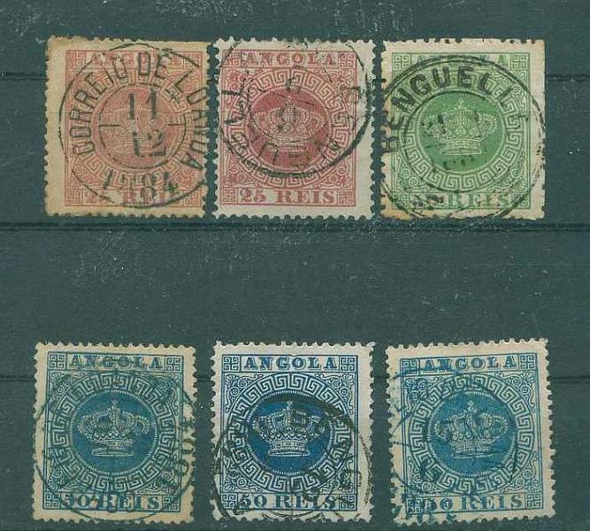 22Lis_1813.jpg -     Lote:    1813            Angola       Descrição:         Marcofilia diversa. Lote de 6 selos tipo Coroa, obliterados com carimbos de CORREIO DE LOANDA (3), BENGUELLA (2), BENGUELLA (palmas).        Lote       Valor Base:     &euro; 10,00     Valor Venda:     &euro; 10,00     