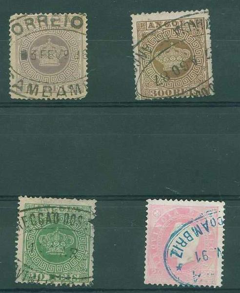 22Lis_1814.jpg -     Lote:    1814            Angola       Descrição:         Carimbos de dupla oval. Lote de 3 selos tipo Coroa e um selo tipo D. Luís I fita direita, obliterados com carimbos de CAMBAMBE, DIRECCÇÃO DOS CORREIOS / PROVÍNCIA DE ANGOLA (2) E CORREIO DO AMBRIZ.        Lote       Valor Base:     &euro; 8,00     Valor Venda:     &euro; 8,00     