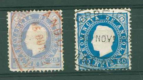 22Lis_1815.jpg -     Lote:    1815            Angola       Descrição:         Carimbos de dupla oval. 1886 &mdash; D. Luís I. Fita direita. Dois selos de 25 e 50 reis obliterados com carimbos de dupla oval de AMBRIZ (a vermelho) e de MALANGE (a preto).        O       Valor Base:     &euro; 5,00     Valor Venda:     &euro; 5,00     