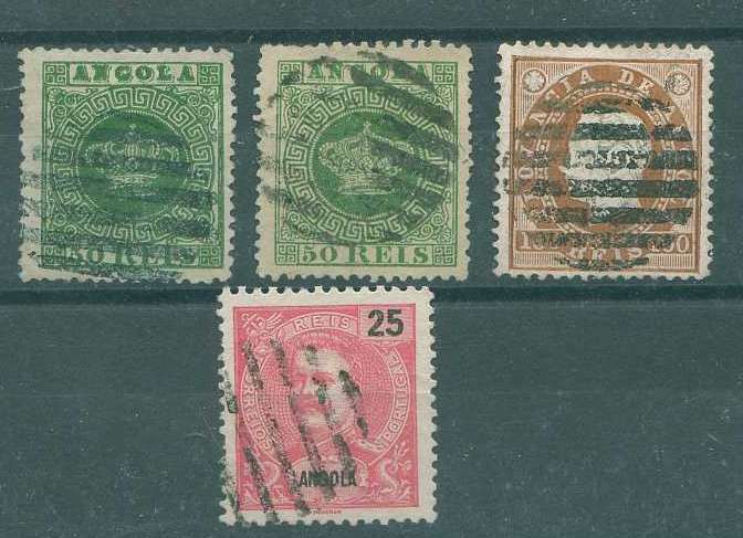 22Lis_1816.jpg -     Lote:    1816            Angola       Descrição:         Carimbos mudos de 8 e 9 barras (oval e circular). Lote de 4 selos: Tipo coroa (2), D. Luís I e D. Carlos I Mouchon, obliterados com carimbos de barras mudos, todos batidos a preto. Diversas tipologias.        Lote       Valor Base:     &euro; 4,00     Valor Venda:     Retirado     