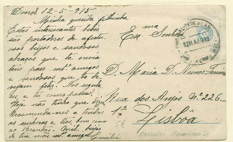22Lis_1818.jpg -     Lote:    1818            Angola       Descrição:         Carimbos de duplo círculo. Postal ilustrado circulado sem selo do Dundo (12.05.1915) para Lisboa. Carimbo de "CORR.º DE CAMBAMBE / 12 MAI 915", batido a preto.        PI       Valor Base:     &euro; 6,00     Valor Venda:     &euro; 6,00     