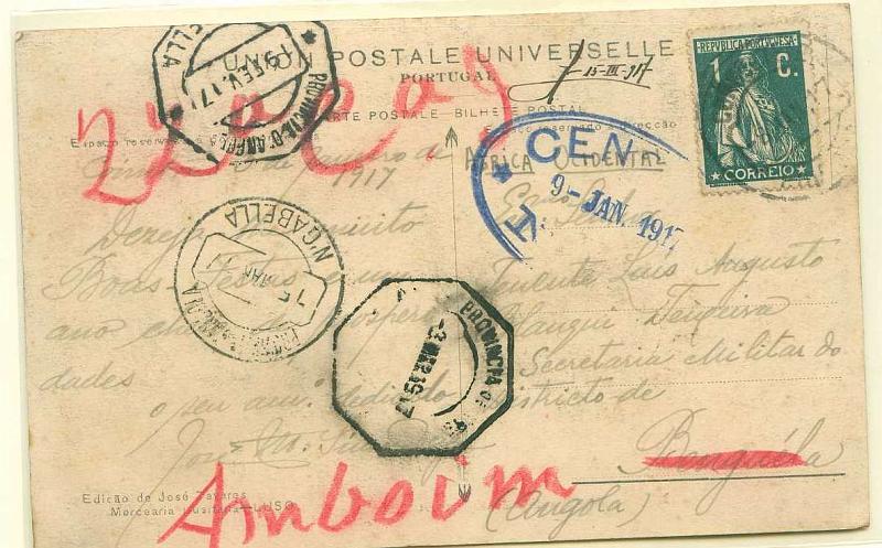 22Lis_1820.jpg -     Lote:    1820            Angola       Descrição:         Carimbos de duplo círculo. Postal ilustrado circulado com selo de 1c Ceres verde, de Coimbra (08.01.17) para Benguela (16.02.17) reendereçado para Porto Amboim (03.03.17) e posteriormente remetido para N'Gabella (15.03.17). carimbo de duplo círculo de N'GABELLA. Raro em peça inteira.        PI       Valor Base:     &euro; 10,00     Valor Venda:     &euro; 26,00     