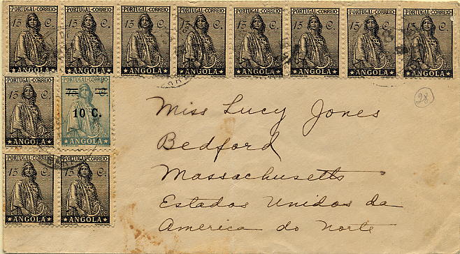 22Lis_1824.jpg -     Lote:    1824            Angola       Descrição:         Carimbos numéricos volantes &mdash; Sobrescrito circulado do Andulo (26.06.35) para os EUA, com trânsito pelo Bié (27.06.35) com 11 selos de 15 ctvs Ceres Novo Tipo CE231 e um selo de 10 ctvs s/ 45 ctvs Ceres CE280, obliterados com carimbo numérico volante "28", batido a preto.        Carta       Valor Base:     &euro; 15,00     Valor Venda:     &euro; 15,00     