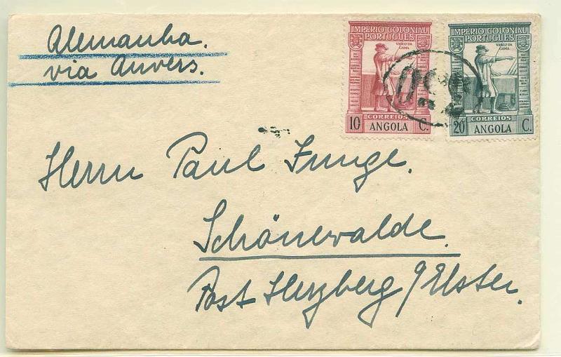 22Lis_1825.jpg -     Lote:    1825            Angola       Descrição:         Carimbos numéricos ovais. Sobrescrito circulado de Angola para a Alemanha, com trânsito por Benguela (26.01.39) com selos de 10c e 20c Império Colonial Português CE260 e 262, obliterados com carimbo numérico oval batido a preto "350".        Carta       Valor Base:     &euro; 90,00     Valor Venda:     &euro; 95,00     