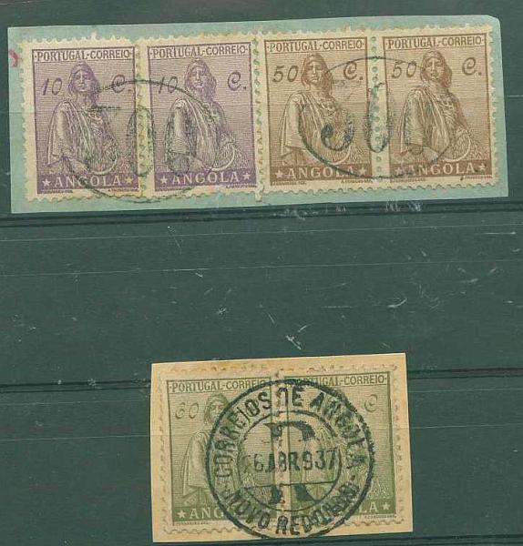 22Lis_1826.jpg -     Lote:    1826            Angola       Descrição:         Marcofilia diversa. Lote de dois fragmentos com selos tipo Ceres (filigranado) obliterados com carimbo numérico batido a preto "300" e carimbo de duplo círculo de registo de NOVO REDONDO.        FRG       Valor Base:     &euro; 5,00     Valor Venda:     Retirado     