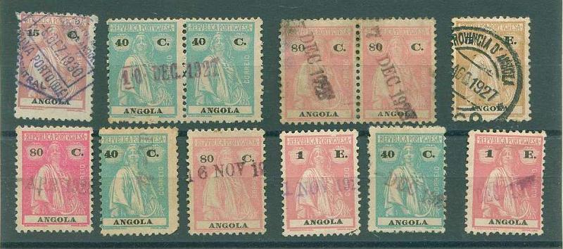 22Lis_1830.jpg -     Lote:    1830            Angola       Descrição:         Marcofilia diversa. Lote composto por 12 selos tipo Ceres, simples ou em pares. A maioria obliterados com datador do Dundo + hexagonal de SILVA PORTO (Bié) a violeta (raro nesta cor) + duplo círculo do MOXICO.        Lote       Valor Base:     &euro; 10,00     Valor Venda:     &euro; 10,00     