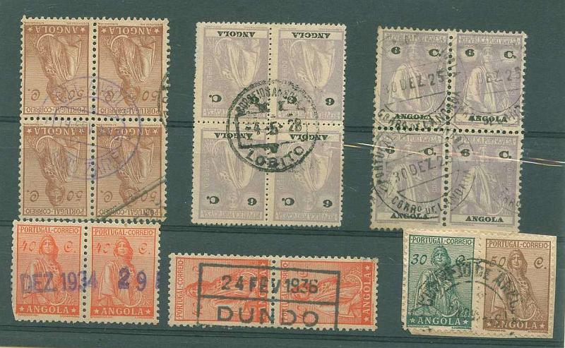 22Lis_1831.jpg -     Lote:    1831            Angola       Descrição:         Marcofilia diversa. Lote composto por 3 quadras e três pares de selos, tipo Ceres, obliterados com carimbos de S.A. DO ZAIRE (a violeta), LOBITO * VALES, CORR.º DE LANDANA, datador a violeta, nominativo linear datado do DUNDO, e NOVA LISBOA. Lote a ver.        Lote       Valor Base:     &euro; 8,00     Valor Venda:     Retirado     