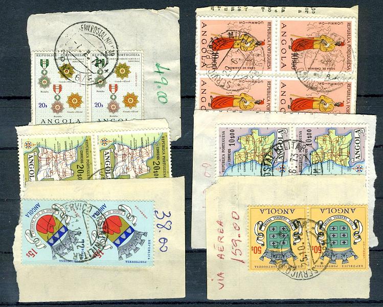 22Lis_1837.jpg -     Lote:    1837            Angola       Descrição:         Carimbos do Serviço Postal Militar. Lote de 6 fragmentos, com quadras e pares de selos de elevado valor (fechos de séries), obliterados com carimbos da EPM6 (diversos tipos) e EPM 6/E.        Lote       Valor Base:     &euro; 3,00     Valor Venda:     &euro; 6,00     