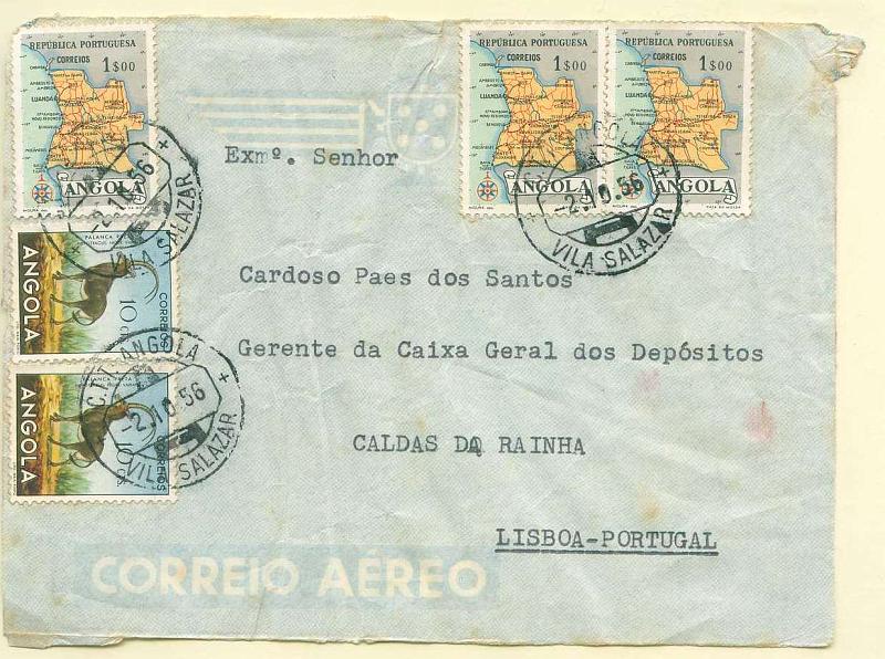 22Lis_1841.jpg -     Lote:    1841            Angola       Descrição:         Carimbos de duplo círculo. Frente de sobrescrito circulado de Vila Salazar (02.10.56) para Lisboa com 3 selos de 1$00 Carta Geográfica de Angola e dois selos de $10 Animais de Angola, obliterados com carimbo batido a preto de "C.T.T. &mdash; ANGOLA / A / VILA SALAZAR". Raro.        FRG       Valor Base:     &euro; 10,00     Valor Venda:     &euro; 38,00     