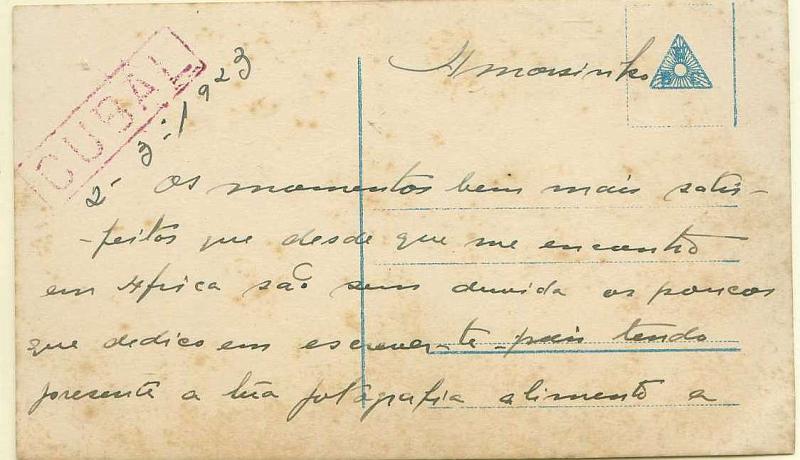 22Lis_1844.jpg -     Lote:    1844            Angola       Descrição:         Carimbos ferroviários. Postal ilustrado, provavelmente circulado dentro de sobrescrito do Cubal (02.03.1923) com carimbo nominativo batido a violeta do CUBAL. B e R.        PI       Valor Base:     &euro; 100,00     Valor Venda:     &euro; 100,00     