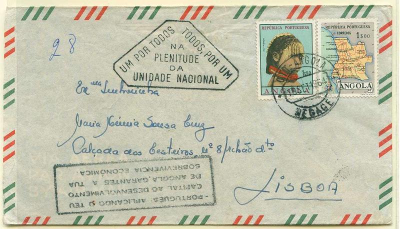 22Lis_1849.jpg -     Lote:    1849            Angola       Descrição:         Carimbos patrióticos. Sobrescrito circulado do Negage (18.09.1964) para Lisboa com selos de 1$00, CE382 e 1$50, CE417. Dois carimbos patrióticos muito bem batidos a preto.         Carta       Valor Base:     &euro; 10,00     Valor Venda:     Retirado     