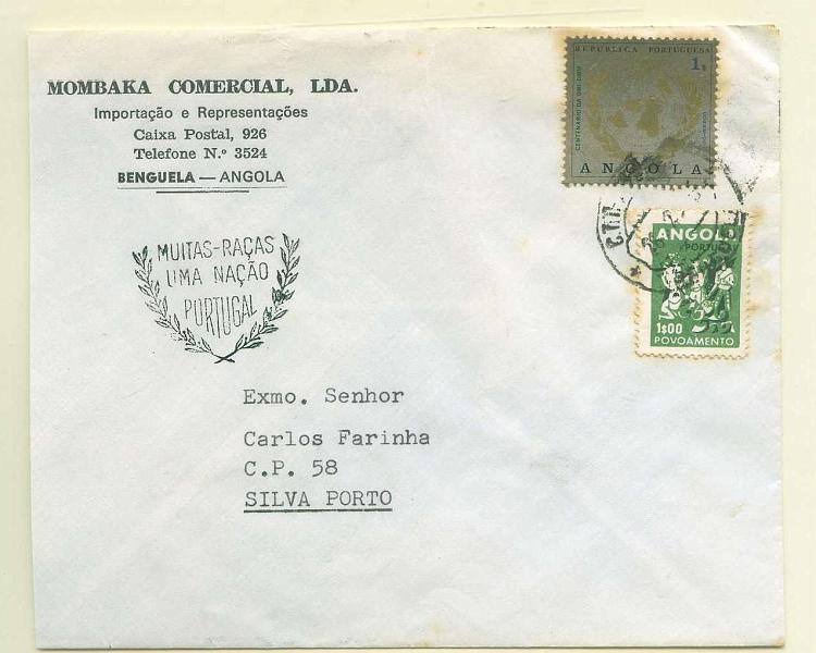 22Lis_1853.jpg -     Lote:    1853            Angola       Descrição:         Carimbos patrióticos. Sobrescrito circulado de Benguela para Silva Porto com selo de 1$00 CE560 + selo de 1$00 Povoamento CE IP22. Carimbo patriótico batido a preto "MUITAS RAÇAS / UMA NAÇÃO / PORTUGAL". MB.        Carta       Valor Base:     &euro; 10,00     Valor Venda:     &euro; 10,00     