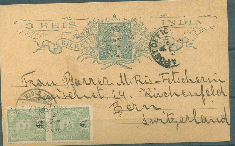 22Lis_1863.jpg -     Lote:    1863            Índia       Descrição:         Carimbos circulares, tipo pequeno. Inteiro postal de 3 reis azul sobre cartolina camurça OM11, circulado de Mormugão Porto (25.04.04) para a Berna (13.05.04) com dois selos adicionais de 4 &frac12; reis D. Carlos I Mouchon. Carimbo muito bem batido a preto de "MORMUGÃO PORTO / 25 AP / 4". MB e MR.        IC       Valor Base:     &euro; 50,00     Valor Venda:     Retirado     