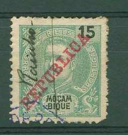 22Lis_1875.jpg -     Lote:    1875            Moçambique       Descrição:         Marcas manuscritas. 1911 &mdash; D. Carlos I Mouchon com sobrecarga República Casa da Moeda. Selo de 15 reis verde, CE106, obliterado com marca manuscrita de RAINHO. MB.        O       Valor Base:     &euro; 25,00     Valor Venda:     &euro; 28,00     