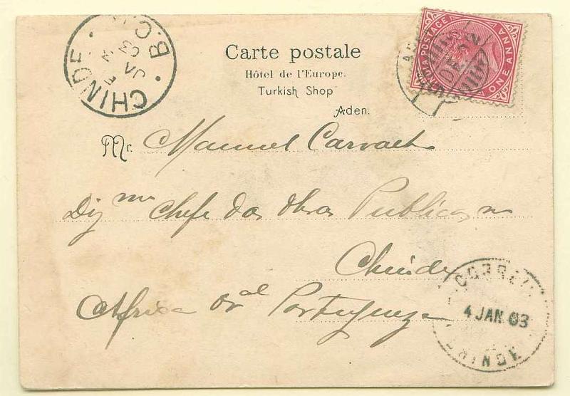 22Lis_1878.jpg -     Lote:    1878            Moçambique       Descrição:         Carimbos circulares. Postal ilustrado circulado de Aden (09.12.02) com selo de 1 anna da Índia, para Chinde (04.01.03) com trânsito pela concessão inglesa no Chinde (03.01.03). Carimbo circular da concessão inglesa "CHINDE / B.C.A. / JÁ 3 03". MB e MR.        Carta       Valor Base:     &euro; 80,00     Valor Venda:     &euro; 220,00     