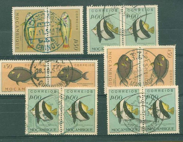 22Lis_1897.jpg -     Lote:    1897            Moçambique       Descrição:         Marcofilia diversa. Lote de 6 pares de selos da emissão Peixes de Moçambique, obliterados com carimbos circulares de CHINDE (a azul), RESSANO GARCIA, MANJACAZE, QUELIMANE, LOURENÇO MARQUES e carimbo hexagonal de LOURENÇO MARQUES / MACIA.        Lote        Valor Base:     &euro; 10,00     Valor Venda:     Retirado     