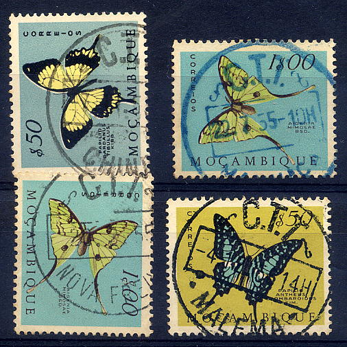 22Lis_1898.jpg -     Lote:    1898            Moçambique       Descrição:         Carimbos circulares. Lote de 4 selos da emissão Borboletas de Moçambique, com carimbos circulares datados de MANHIÇA (azul), NOVA FREIXO (preto), MALAMA (preto) e CHINDE (preto).        Lote       Valor Base:     &euro; 5,00     Valor Venda:     Retirado     