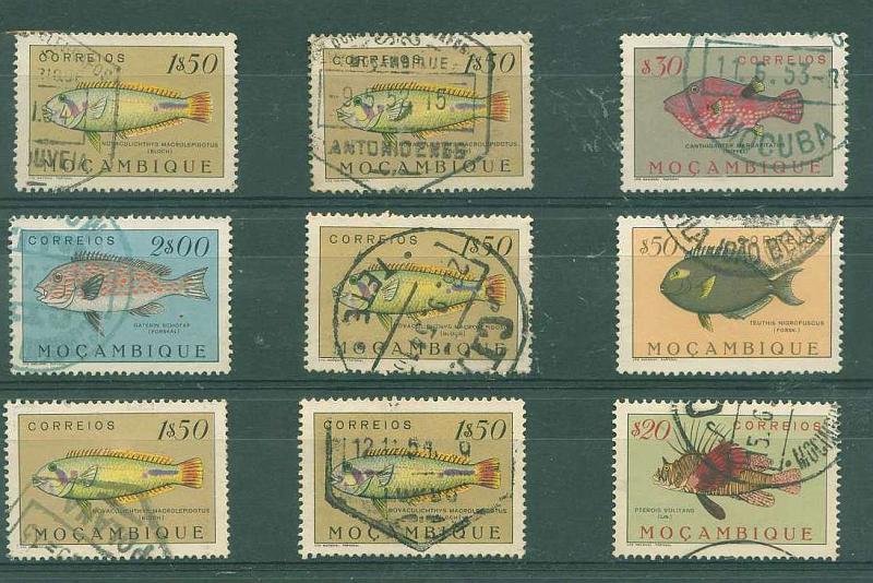 22Lis_1899.jpg -     Lote:    1899            Moçambique       Descrição:         Marcofilia diversa. Lote de 9 selos Peixes de Moçambique obliterados com carimbos circulares de MOCUBA (azul), TETE, VILA JOÃO BELO, MOCIMBOA DA PRAIA, e carimbos hexagonais de VILA GOUVEIA, ANTONIO ENES, POLANA LUMBO.        Lote       Valor Base:     &euro; 5,00     Valor Venda:     Retirado     