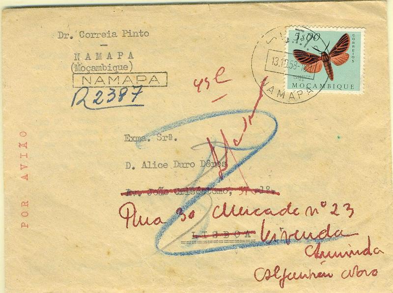 22Lis_1904.jpg -     Lote:    1904            Moçambique       Descrição:         Carimbos circulares e de registo. Sobrescrito circulado de Namapa (13.10.58) para Lisboa (19.10.58) com trânsito pelo Lumbo (15.10.58) e reendereçado para Algueirão-Novo, com selo de 5$00 Borboletas de Moçambique. Carimbos circulares de NAMAPA e LUMBO e nominativo de NAMAPA, todos batidos a preto.        Carta       Valor Base:     &euro; 20,00     Valor Venda:     &euro; 20,00     