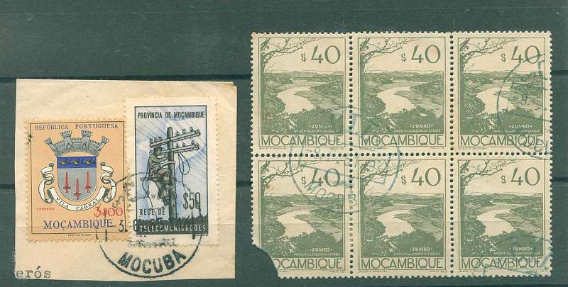 22Lis_1906.jpg -     Lote:    1906            Moçambique       Descrição:         Carimbos circulares. Lote composto por fragmento com selos de 3$00 Brasões de Moçambique e $50 Rede de Telecomunicações e bloco de 6 selos (um estragado) de $40 Vistas de Moçambique, ambos obliterados com carimbos circulares "C. T. T. / MOCUBA", batidos a preto e azul.         Lote       Valor Base:     &euro; 6,00     Valor Venda:     Retirado     
